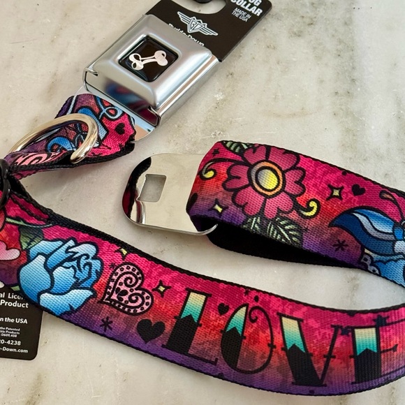 🐶🐶Multicolor TATTOO Print Seatbelt Buckle DOG COLLAR Size Large - Picture 5 of 6